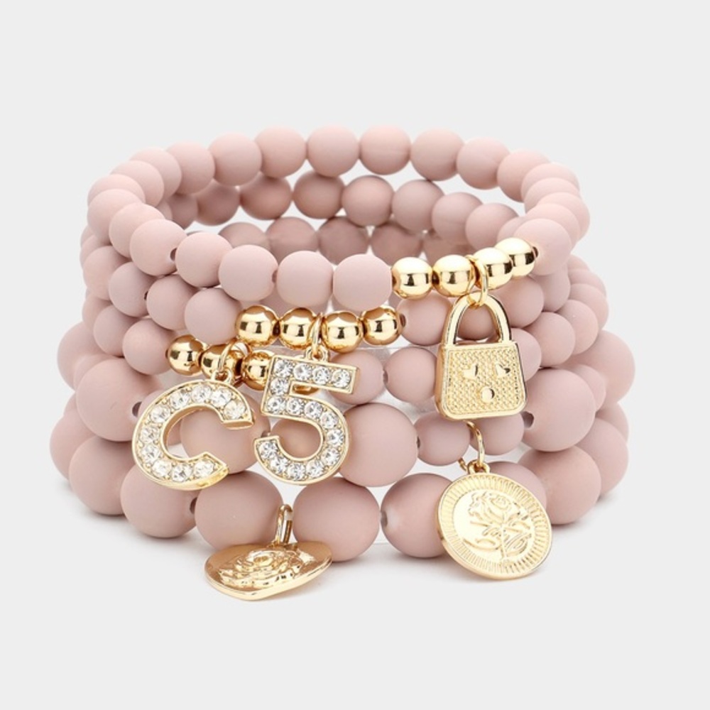 5 piece stretch beaded lock and key charm bracelet